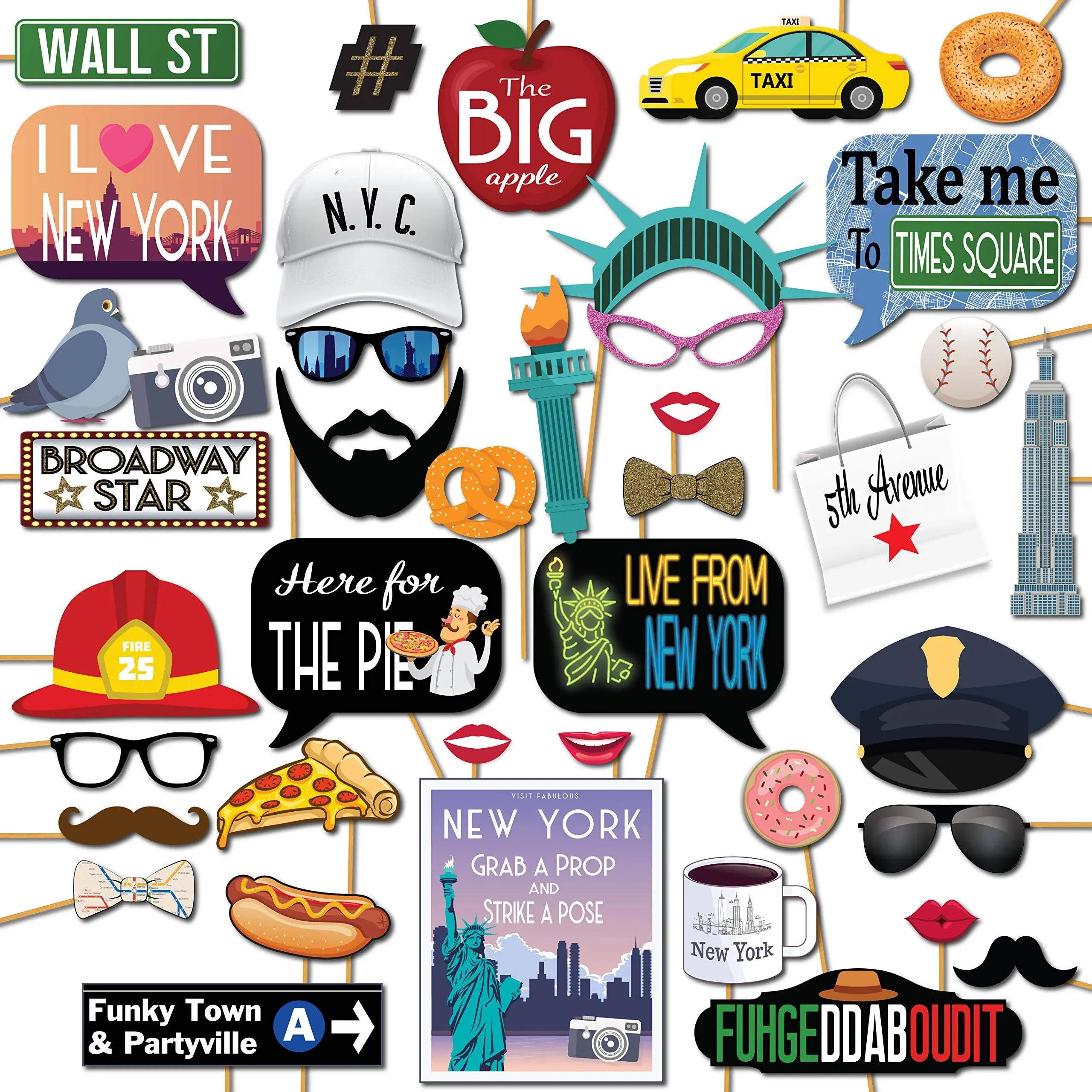 New York Photo Booth Props - 41-pc Photo Booth Kit with 8 x 10-Inch Sign, 60 Adhesive Pads, 45 Sticks - NYC Props - New York Theme Decorations - Cityscape Photo Props