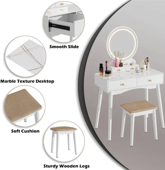 Furmax Vanity Table with Lighted Mirror, Vanity Desk with Stool, Dressing Table with 4 Drawers, Makeup Vanity Set, White Finish, for Bedroom