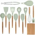 Kitchen Utensil Set, 13 pcs Non-Stick Silicone Cooking Utensils Spatula Set with Wooden Holder (Mint)