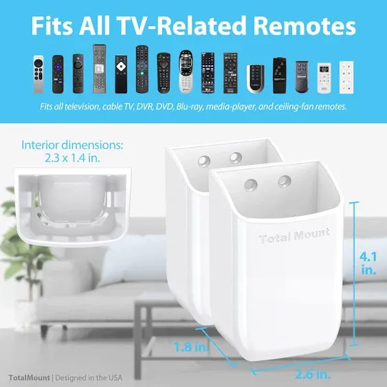 TotalMount Hole-Free Remote Holders – Eliminate Need to Drill Holes in Your Wall (White Remote Control Holders, Quantity 2)