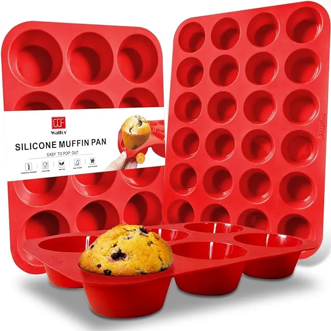 Walfos BPA Free Silicone Muffin Pan - Cupcake Pans Set of 3, Including Mini 24 Cups, Regular 12 Cups Muffin Pan & Texas Size 6 Cups Muffin Pan, Pop