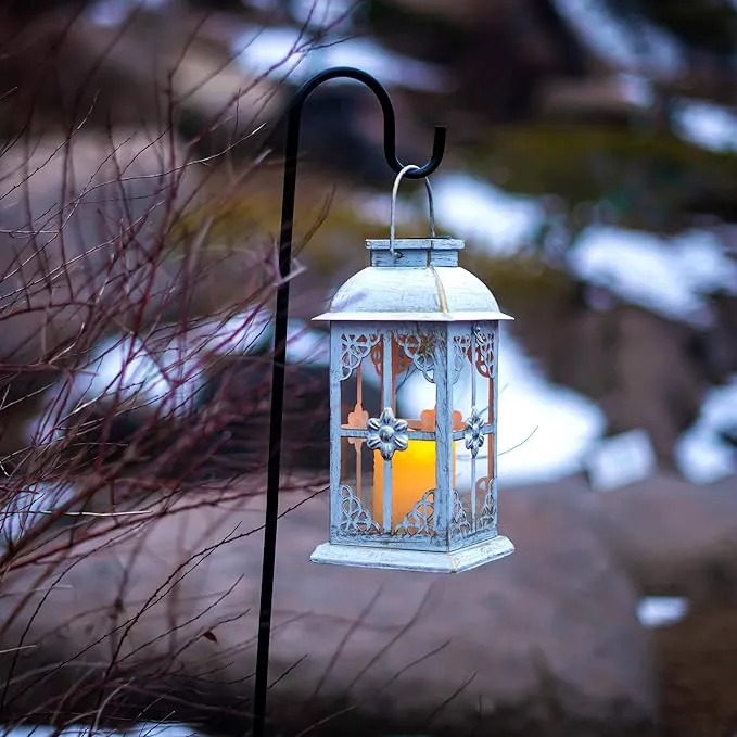 Solar Lantern Outdoor Hyacinth White Decor Antique Metal and Glass Construction Mission