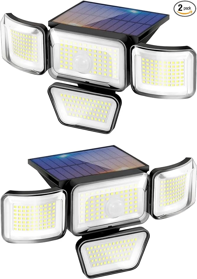 CHARKEE Solar Outdoor Lights 278LED 3000LM High Brightness with Motion Sensor, 4 Heads IP65 Waterproof 300°Wide Angle Security Flood Lights for Outside Yard Garage Parking Lot, 2Pack