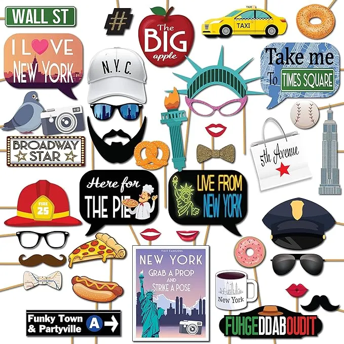 New York Photo Booth Props - 41-pc Photo Booth Kit with 8 x 10-Inch Sign 60 A...