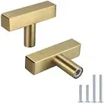 LONTAN 6Pack Kitchen Cabinet Knobs Brushed Brass Cabinet Knobs Square - LS1212GD Euro Gold Cabinet Knobs T Bar Stainless Steel Knobs for Cabinets