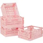 4-Pack Pink Plastic Storage Crate,Small Baskets for Organizing, Collapsible Stor