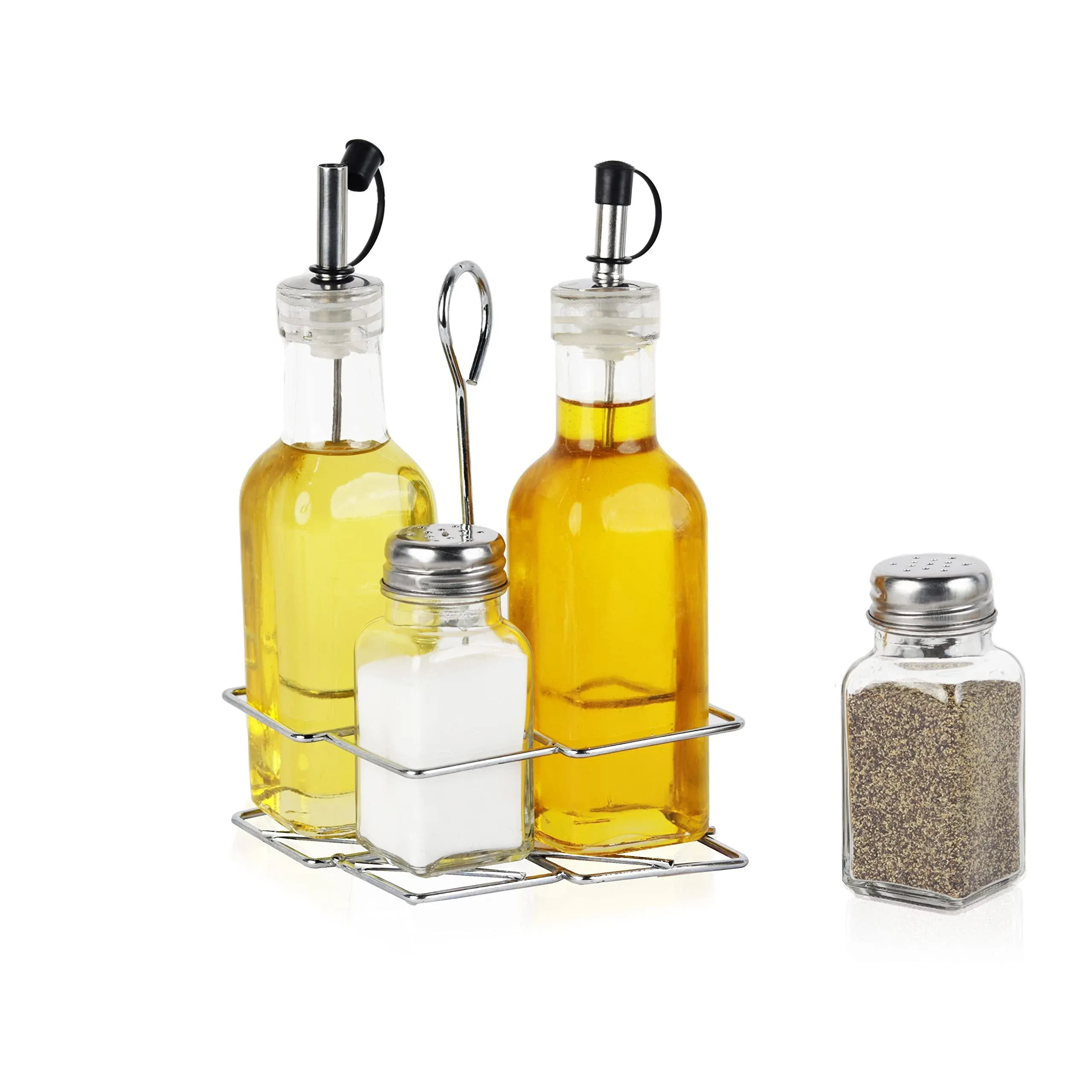 5-Piece Cruet Set - Glass Oil and Vinegar Dispensers with Salt and Peper Shakers ...