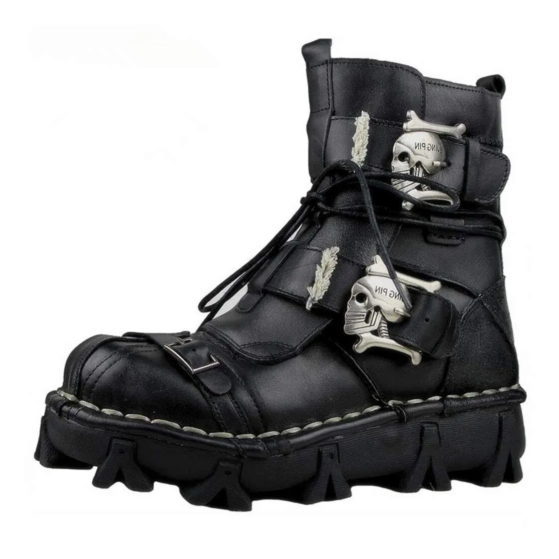 Mens Black Genuine Leather Military Army Boots Gothic Skull Punk Motorcycle Boots