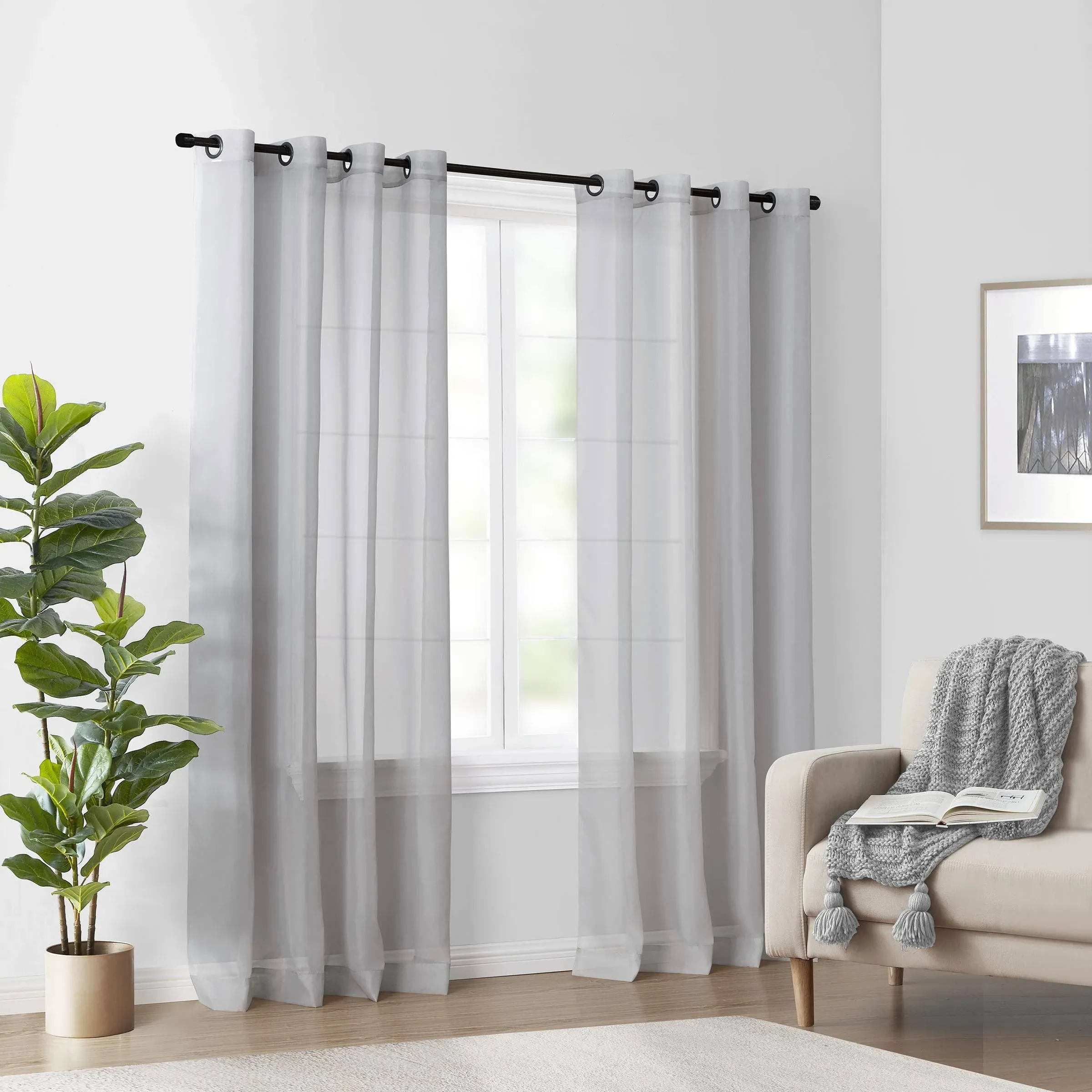 Curtain Fresh Light Gray Sheer Grommet Curtain Panel, (63&quot;)