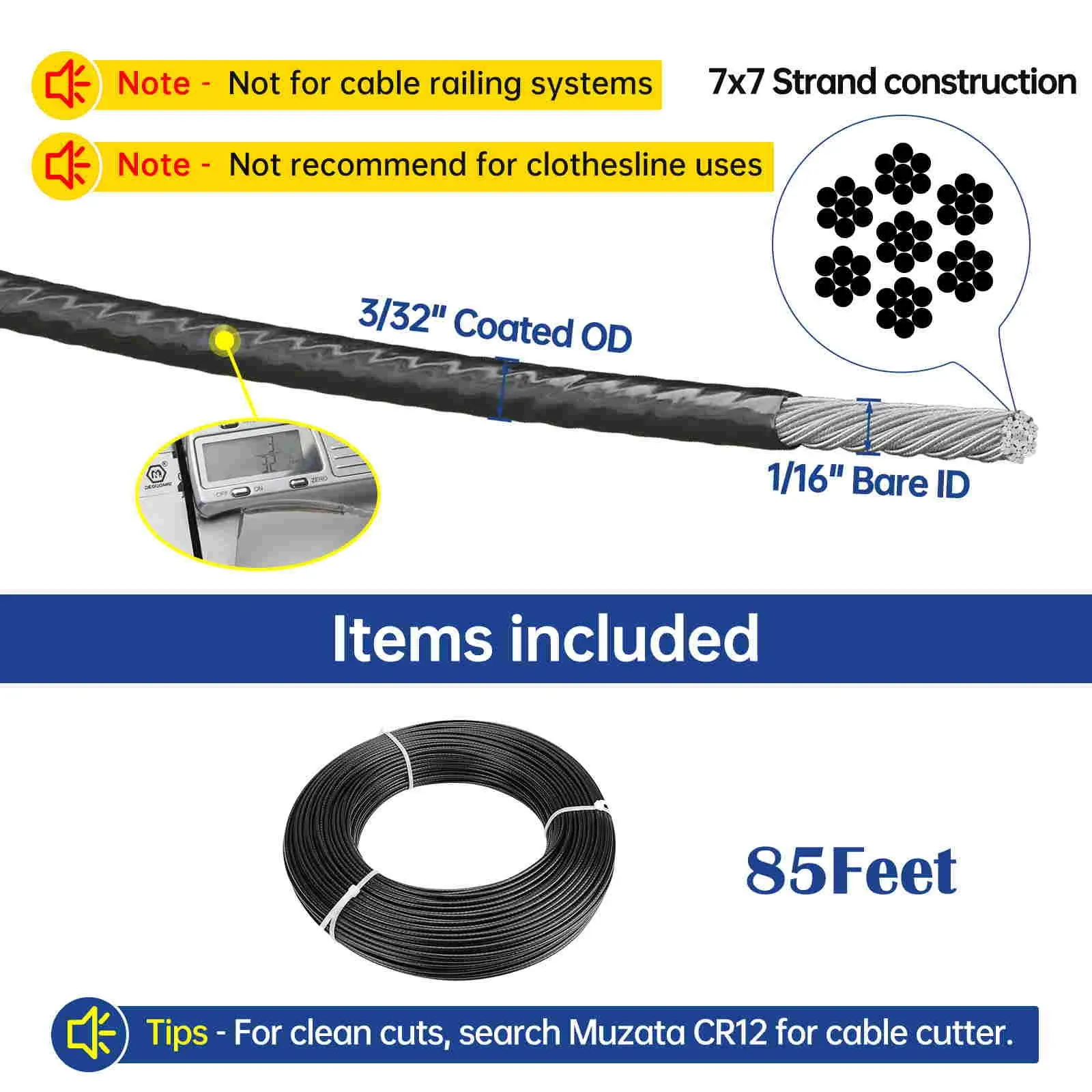 Muzata 1/16 inch Thru 3/32 inch Black Vinyl Coated Cable 85ft