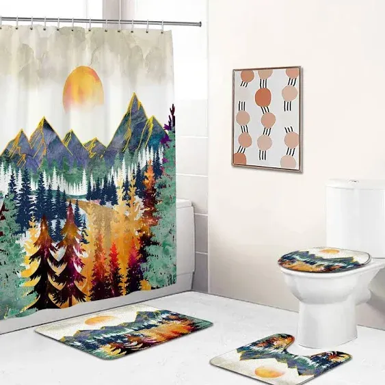 Abstract Mountain Shower Curtain Nature Watercolor Sunrise Sunset Landscape Colorful Forest Bathroom Curtain with Hooks,70''x70''