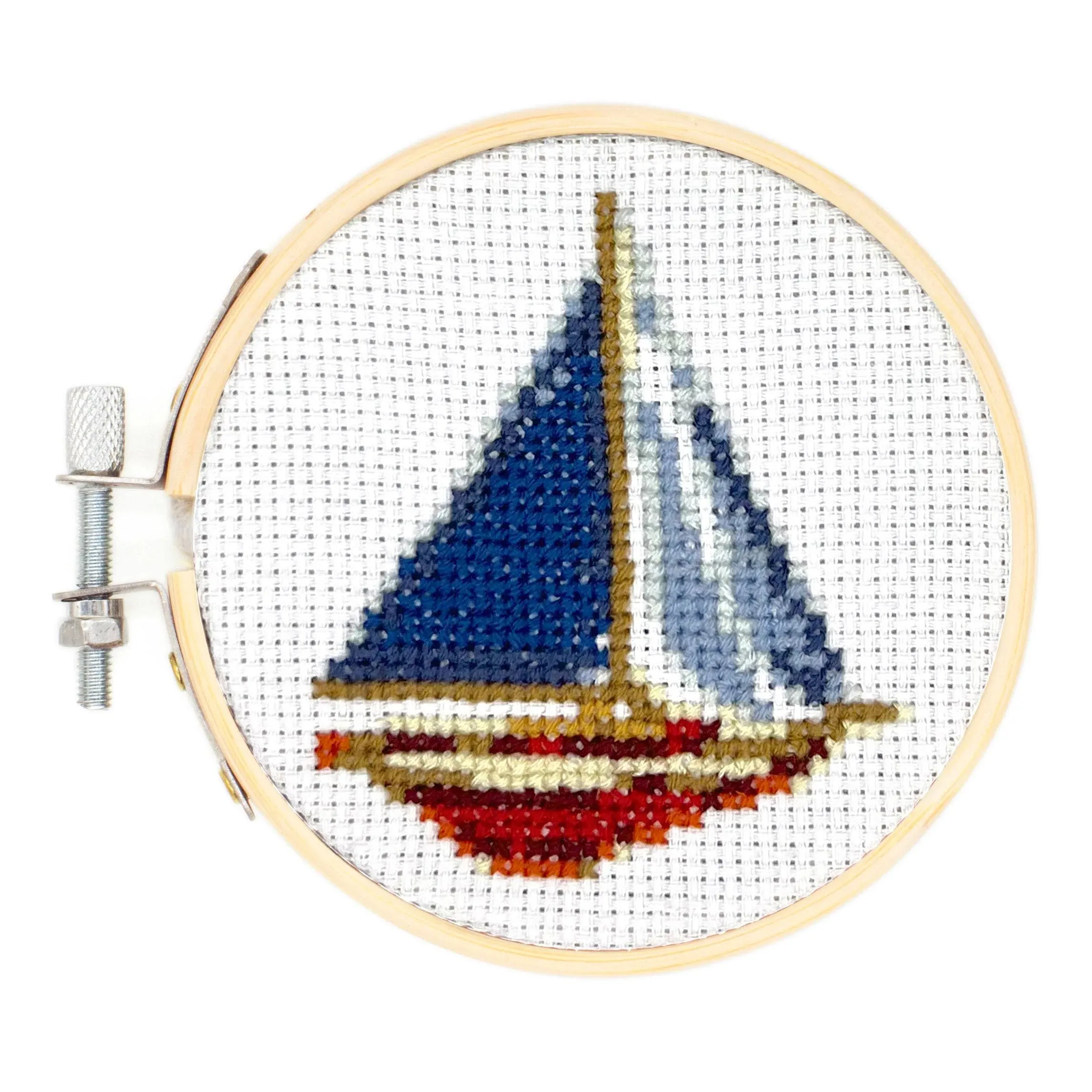 Kikkerland DIY Mini Cross Stitch Sailboat Embroidery Craft Starter Kit Set, with Pattern Instructions, 3" Bamboo Hoop, Stress Relief, Adult Beginner Friendly