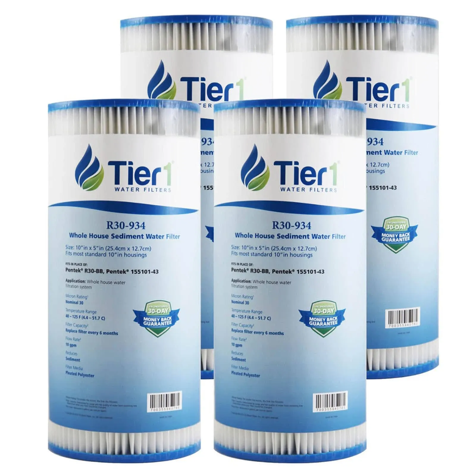 Tier1 30 Micron 10 inch x 4.5 inch | 4-Pack Pleated Polyester Whole House Sediment Water Filter Replacement Cartridge | Compatible with Pentek R30-BB,