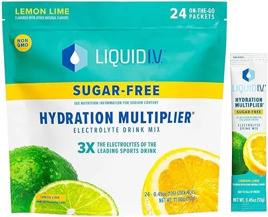 Liquid I.V.® Sugar-Free Hydration Multiplier® - Lemon Lime – Sugar-Free Hydration Powder Packets | Electrolyte Powder Drink Mix | Easy Open Single-Serving Stick | Non-GMO | 14 Servings (Pack of 12)