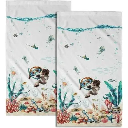 Funny Dog Hand Towels Set of 2 Teal Blue Sea Ocean Small Bath Towels Soft ...