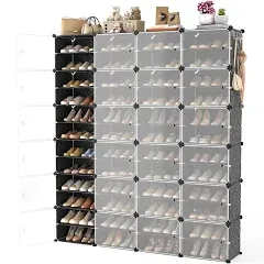 Portable Shoe Rack Organizer with Door, 96 Pairs Shoe Storage Cabinet Easy Assembly, Plastic, Adjustable, Stackable Detachable Free Standing Rack DIY Expandable 12 Tier Black