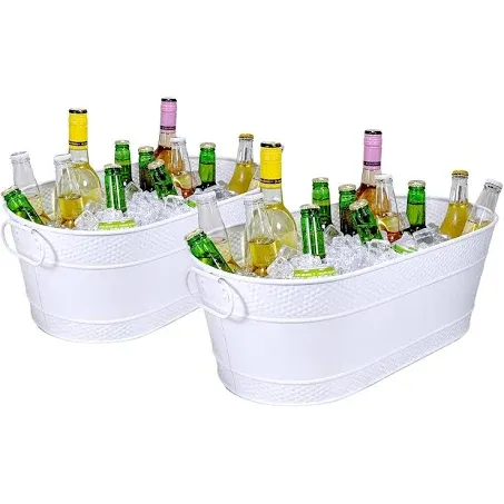 BREKX Colt Ice Buckets for Parties 16-Bottle, Ice Tub Drink Bucket Cooler with Handles, Easy to Clean Glossy White Leak Resistant Finish, Oval 15QT (4 Gallon), Set of 2