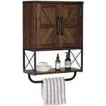 RUSTOWN Farmhouse Wall Storage Cabinet with Two Barn Door, Rustic Mounted Medicine Cabinet with Adjustable Shelf and Towel Bar, 3-Tier Wood Cabinet for Kitchen, Bathroom, Living Room (Dark Walnut)