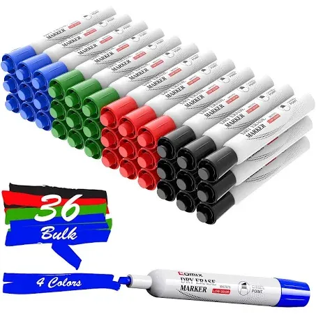 Comix Dry Erase Markers, Chisel Tip White Board Markers, 36 Bulk 4 Assorted Colors Low Odor Markers for Teachers Office & School Supplies