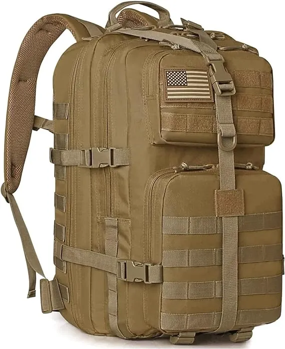 Multi Function Military Tactical Assault Backpack with Double Stitching, Braided Handle, and Laser Cut Mole Webbing for Gear Attachment, Tan