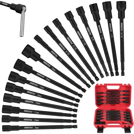 Nut Driver Impact Bit Set - 31-Piece Magnetic Socket Impact Drill Bit Tool Sets Extra Long Hex Nut Setter Driver Holder - Metric SAE Screwdriver Bits 1/4 Drive Shank Adapter Extension