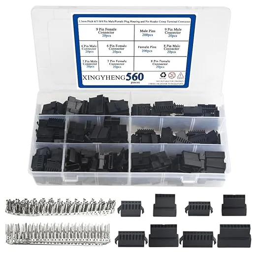 XINGYHENG 560Pcs 2.5mm Pitch 6/7/ 8/9 Pin Male/Female Plug Housing and Male/Female Pin Header Crimp Terminal Connector Assortment Kit (4 Size, 80 Set, Each 20 Set) Compatible with JST SM