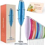 Peach Street Powerful Handheld Milk Frother, Mini Milk Foamer, Battery Operated (Not Included) Stainless Steel Drink Mixer with Frother Stand (Wood)