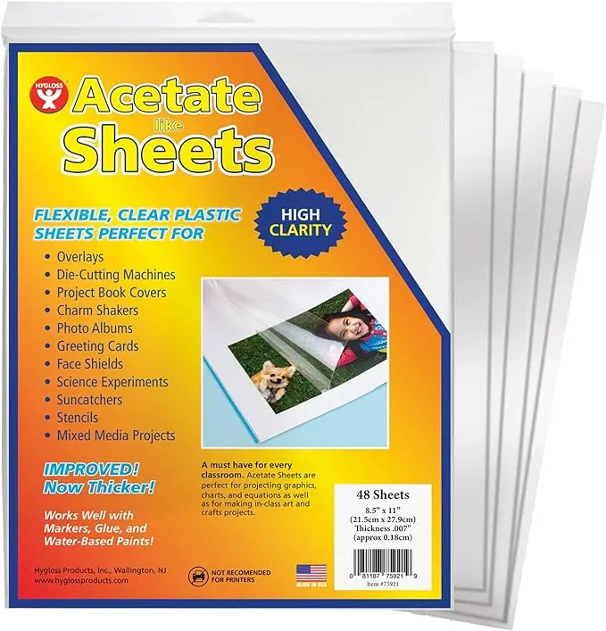 Hygloss Acetate Sheets for Crafts, Clear Overhead Projector Sheets Acetate-Like, For Arts And Craft Projects and Classrooms, Stencil Making Sheets, Not for Printers, 8.5” x 11”, 48 Pack