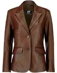 Women&#039;s Real Leather Brown Blazer Classic Two Button Coat Casual Formal Jacket