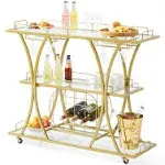 VEVOR Bar Cart Gold 3 Tiers Home Bar Serving Cart on Lockable Wheels with Tempered Glass Shelves Guardrail Wine Rack