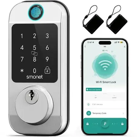 Smart Lock WiFi Fingerprint Deadbolt: SMONET Keyless Entry Front Door Locks, 10-in-1 Bluetooth Deadbolt with APP Remote Control, Touchscreen Keypad Digital Deadbolt with Auto Lock Alexa Code Fobs