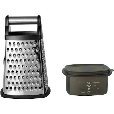 KitchenAid Gourmet 4-Sided Stainless Steel Box Grater for Fine, Medium and Coarse Grate, and Slicing, Detachable 3 Cup Storage Container and Measurment Markings, Dishwasher Safe, 10 inches tall, Black