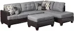 Poundex 3 Piece Fabric Sectional Sofa Set with Ottoman in Gray Color