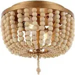 JONATHAN Y Allison 10 in. 2-Light Shabby Chic Farmhouse Wood Beaded/Metal LED Flush Mount, Antique Gold/Cream JYL9074A