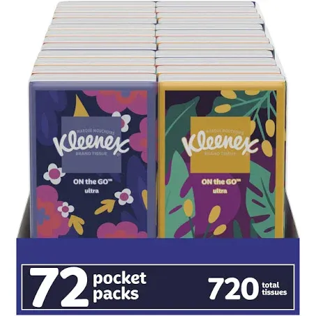 Kleenex On-The-Go Facial Tissues, 72 On-The-Go Packs (3 Trays of 24 Packs), 10 Tissues per Box (720 Total Tissues), 3-Ply, Packaging May Vary