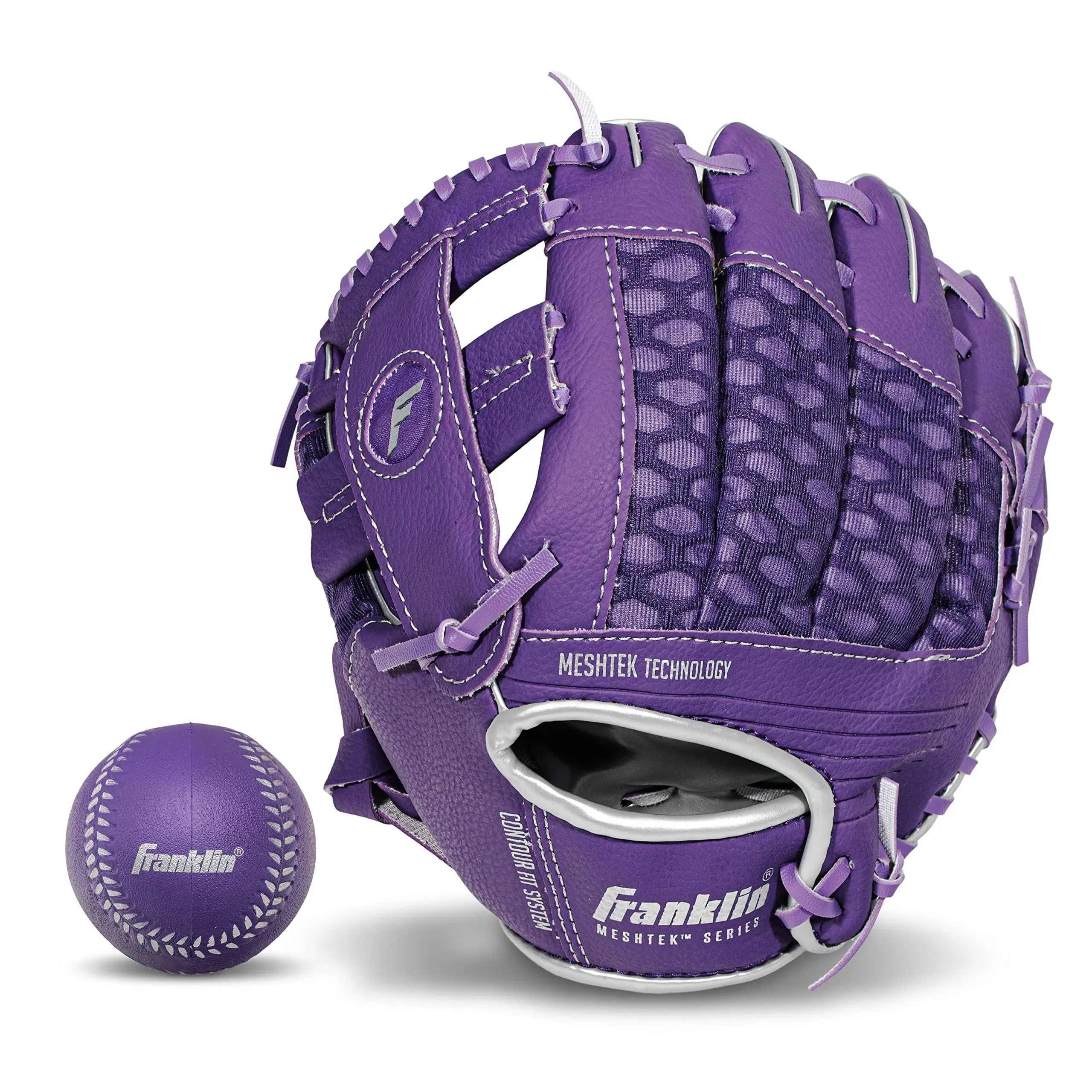 Franklin Sports Meshtek Teeball Fielding Glove with Ball - Left Hand Throw - 9.5 inch - Purple/Chrome, Size: One Size