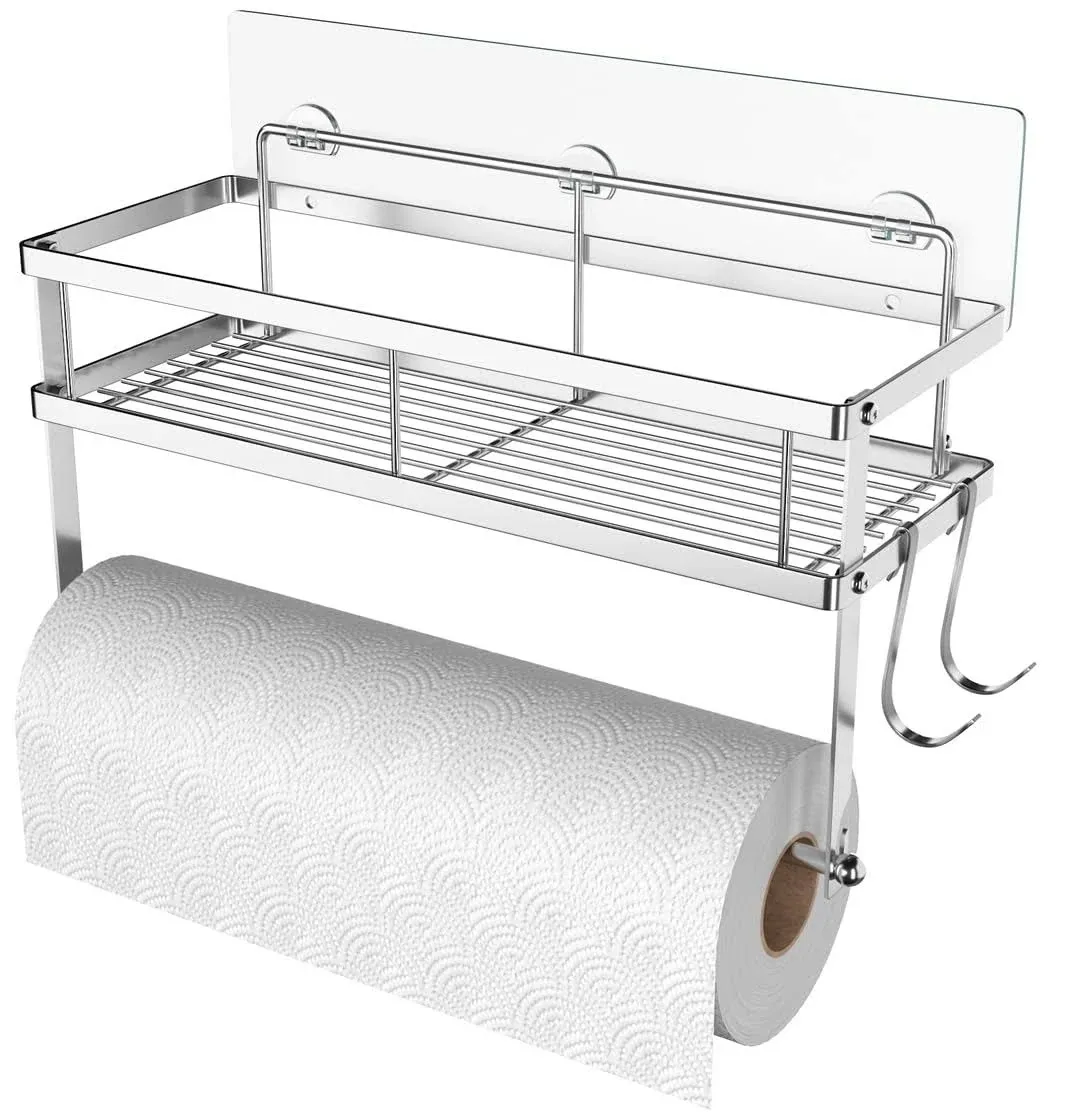 Esow Paper Towel Holder with Shelf Storage Adhesive Wall Mount 2in1 Basket Organizer