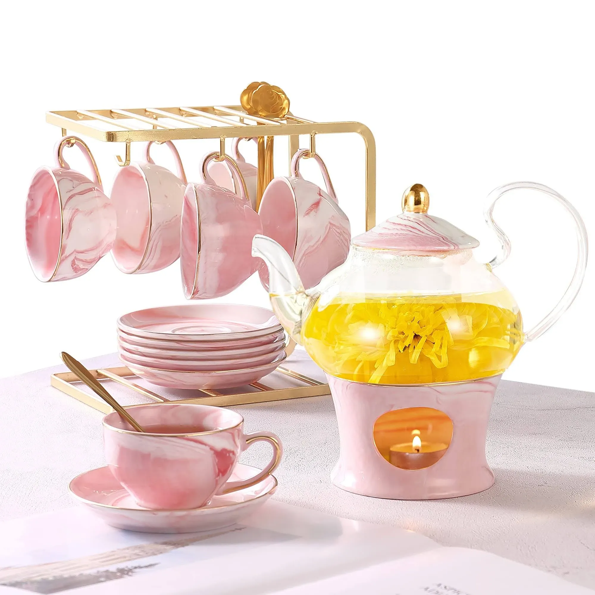 DUJUST 21 pcs Small Tea Set of 6, Pink Marble Set, Handcraft Golden Trim, Porcelain Tea Pot Set for Kids&Adults, 1 Glass Teapot(22oz), 6 Cups(4oz), 6 Saucers, 6 Spoons, 1 Shelf&1 Warmer