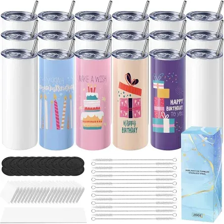 Hiipoo 18 Pack Sublimation Tumblers Blank 20 oz Straight Skinny with Sublimation Papers, Lids and Straws, Shrink Wrap Films, Stainless Steel Double Wall Insulated Tumbler for Mug Press Machine