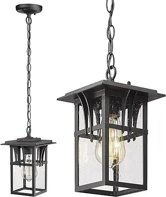 Darkaway Large Outdoor Pendant Light Fixture, 16inch Outdoor Hanging Light Porch Lights Fixtures Anti-Rust Waterproof Aluminum with Seeded Glass for Porch Entryway Doorway Farmhouse (Black，Large)