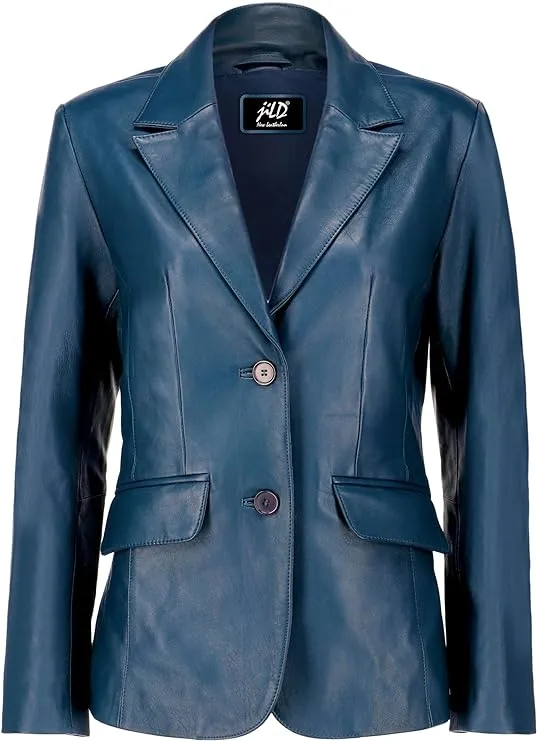 Jild Classic 2-Button Lambskin Leather Blazer Women - Casual Coat Long Sleeves Suit Style Leather Jacket Women