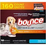 Bounce Pet Hair and Lint Guard Mega Dryer Sheets - Fresh Scent 160 ct