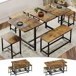 63 inch Extendable Dining Room Table with 1 Bench and 4 Square Stools for 4-6 People, Corner Kitchen Table Set Dinette with Metal Frame, Rustic Brown,