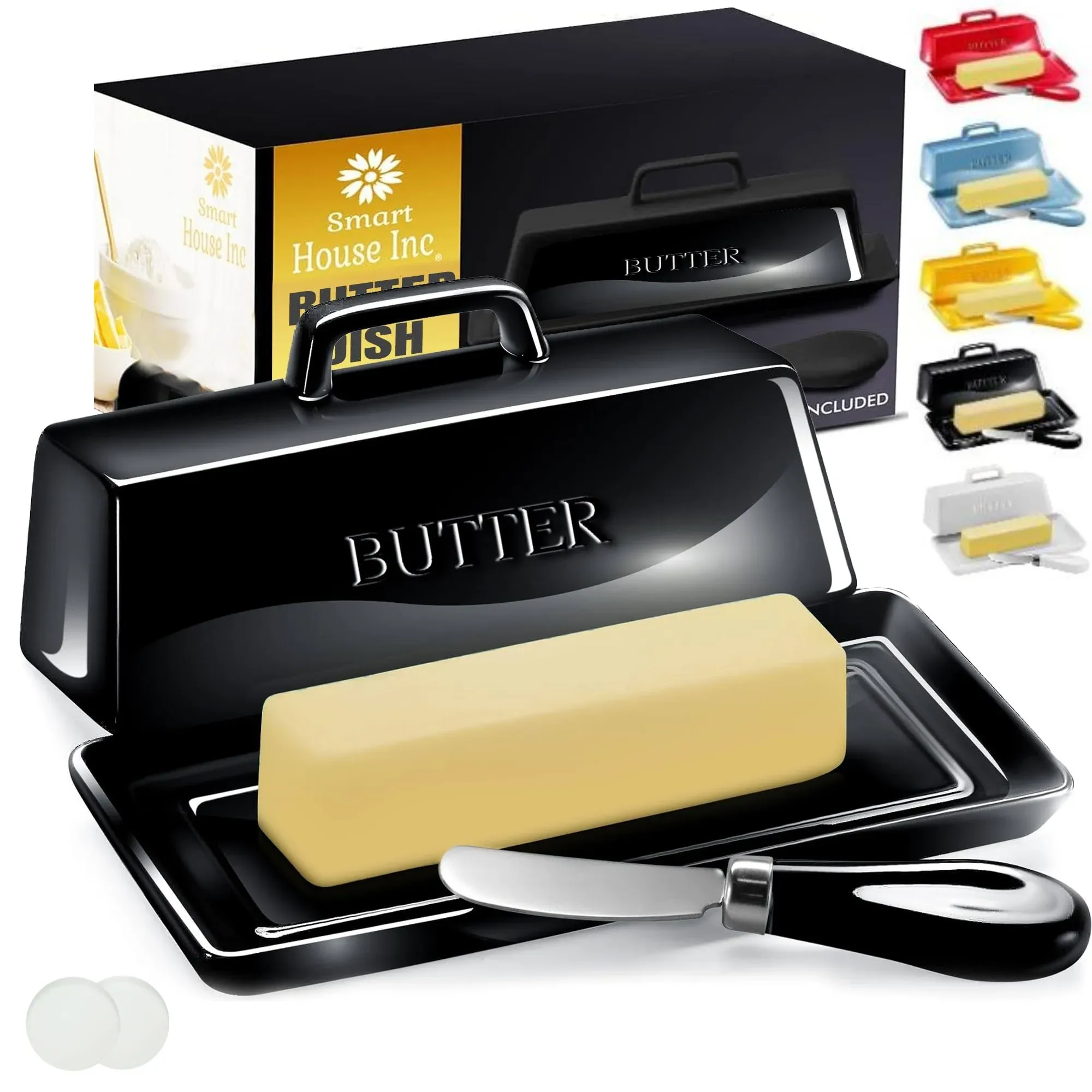 Ceramic Butter Dish Set with Lid and Knife - [Black]- Decorative Butter Stick Holder with Handle for 1 Stick of Butter - Microwave Safe, Dishwasher Safe - Anti-Scratch Stickers Included.