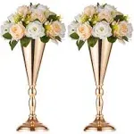 2 Pcs Tabletop Metal Wedding Flower Trumpet Vase, 16.5 inch Tall Table Decorative Centerpiece, Artificial Flower Arrangements for Anniversary Ceremony Party Birthday Event Aisle Home Decoration (Gold)