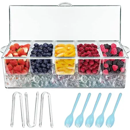 INNOVATIVE LIFE Bar Serving Tray on Ice with 5 Compartments Container, Fruit Trays for Serving , Garnish Platters with Lid , Clear