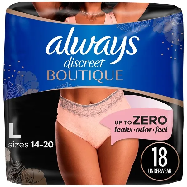 Always Discreet Boutique Incontinence and Postpartum Underwear for Women Maximum Protection, 18 Count