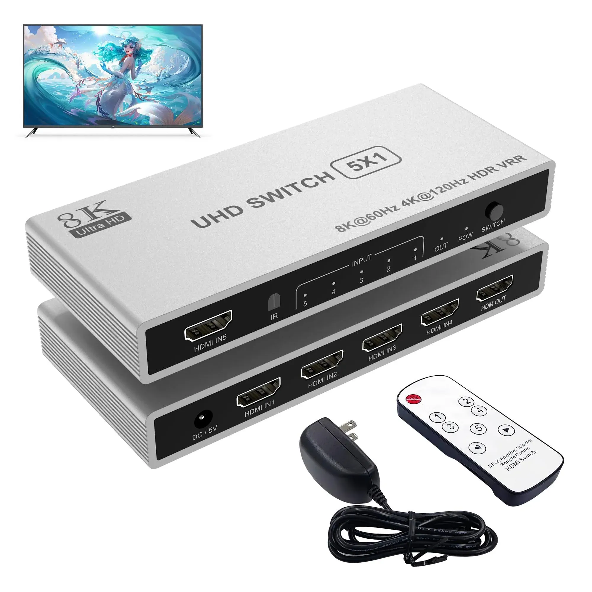 8K HDMI Switch 5 in 1 Out, 5 Port HDMI Splitter with IR Remote HDMI Switcher Selector Box Support 8K@60Hz 4K@120Hz, HDMI 2.1 Switch Compatible with PS 5/4/3 Xbox Switch Roku TV Fire Stick PC