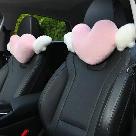 2 Pack Heart Shaped Cute Car Headrest Pillow with Angel Wings - Comfortable Soft Head Rest Cushion Kawaii Car Accessories Neck Pillow for Driving 