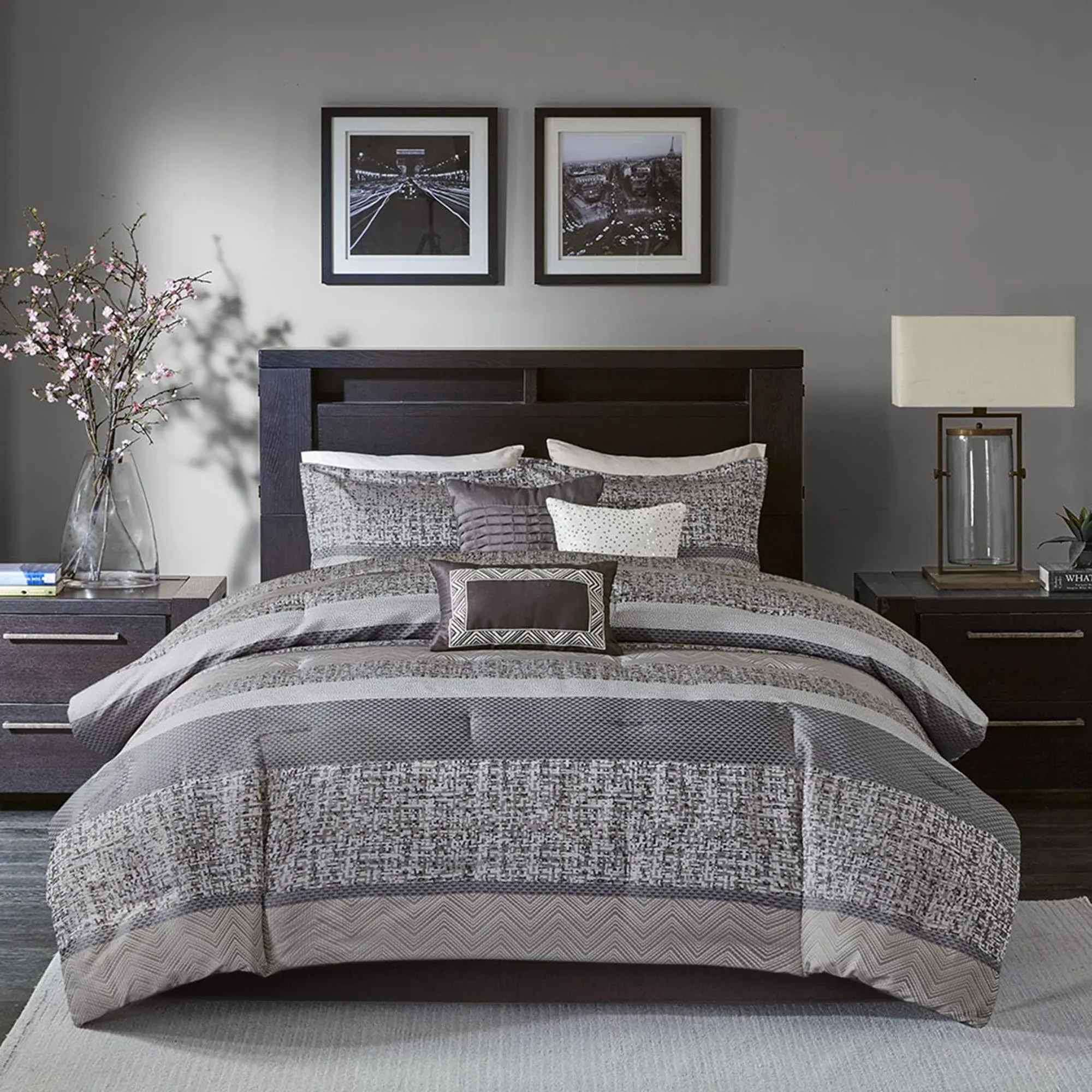 Madison Park - Rhapsody 7 Piece Jacquard Comforter Set - Cal King - Grey/Taupe